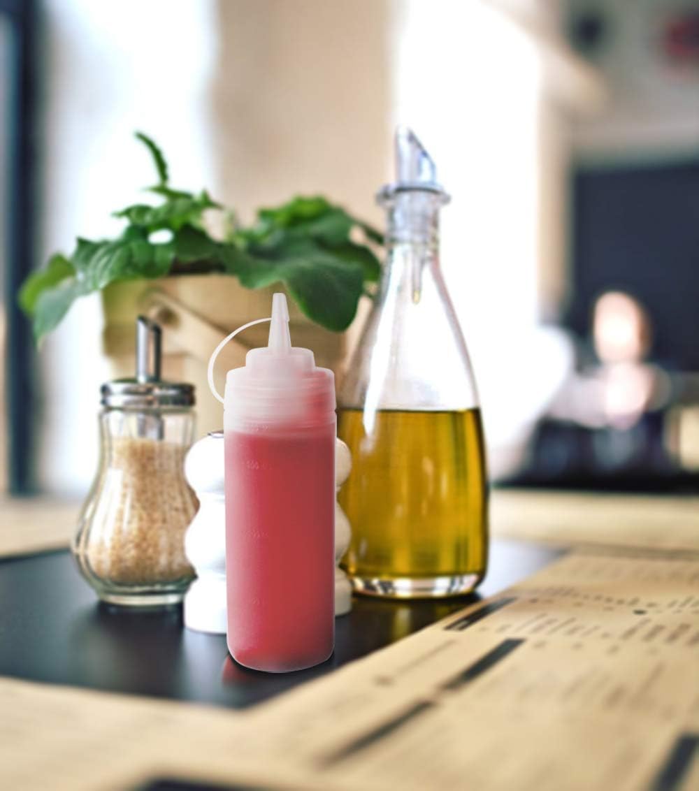 Squeeze Bottles for Sauces 2 Pack, Ketchup Bottle 12 Ounce Plastic Dressing Squirt Bottle with Cap Lids and Funnel, Condiment Bottles for Liquids BBQ Dressing Pancake Art Dispenser