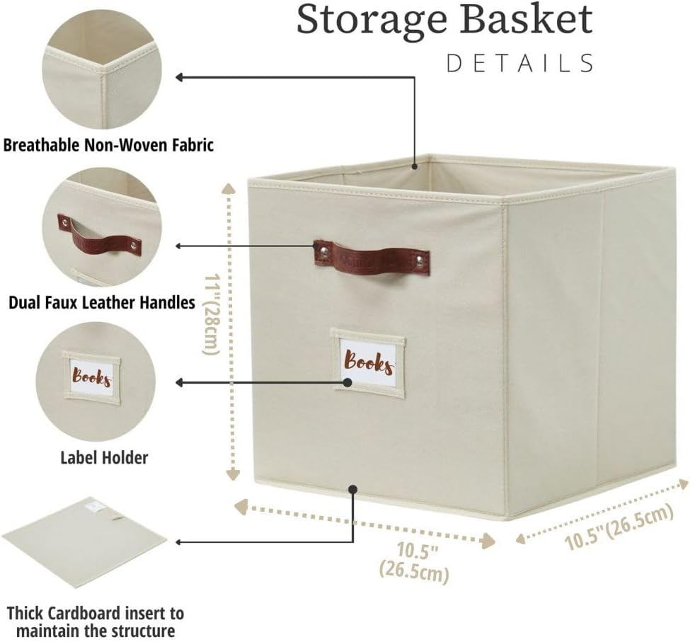 DECOMOMO Storage Bins, Cube Storage Bin with Labels, Fabric Storage Cubes for Shelves (10.5" x 11" / 6pcs, Beige)