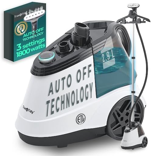 True & Tidy® Commercial Garment Steamer – Heavy Duty 1800W for Home & Commercial Use, 90+ Min Continuous Steam, Large 2.9L Tank, Wheels (X5A White Auto-Off, Smart Commercial Garment Steamer)