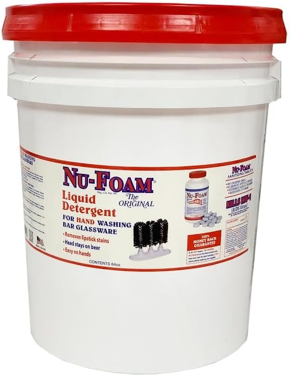 Nu-Foam Liquid Detergent for Bar Glassware – Original Streak-Free Solution - Hand Washing Bar, Tavern, Brewery Supplies - Spotless Serving Glasses - Concentrated- Easy On Hands - 5 gallon Pail