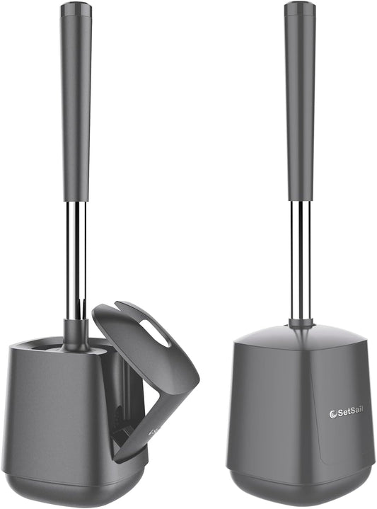 SetSail Toilet Brush and Holder 2 Pack, Self Closing Lid Toilet Bowl Brushes Holder and Extra Long Handle Ventilated Toilet Brush Set for Bathroom Cleaning, Nylon Bristles, Grey
