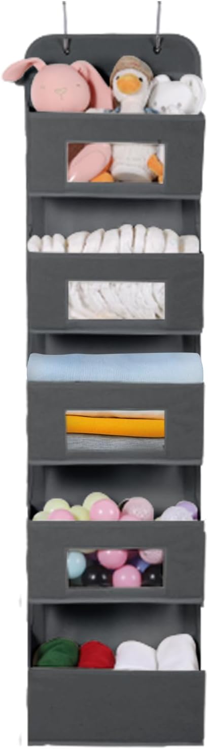5-Shelf Over The Door Hanging Organizer with 2 Metal Hooks，5 Pocket Over The Door Wall Mount Storage with Clear Windows for Baby Nursery Bathroom Closet,Bedroom,Dorm (Gray-2 Pack)