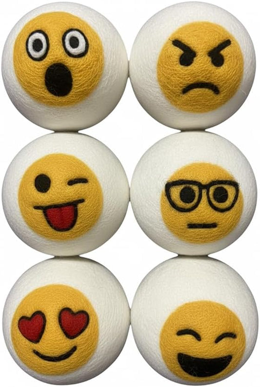 Ezhippie Quality Wool Dryer Balls - 6 XL Emoji Pack - 1000+ Loads - Pure Organic Wool - Reusable Natural Fabric Softener Perfect with Essential Oils, Reduce Clothing Static and Wrinkles