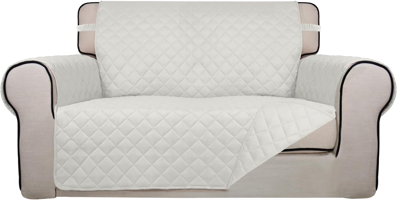 PureFit Reversible Quilted Sofa Cover, Water Resistant Slipcover Furniture Protector, Washable Couch Cover with Non Slip and Elastic Straps for Kids, Dogs, Pets (Loveseat, Ivory/Ivory)