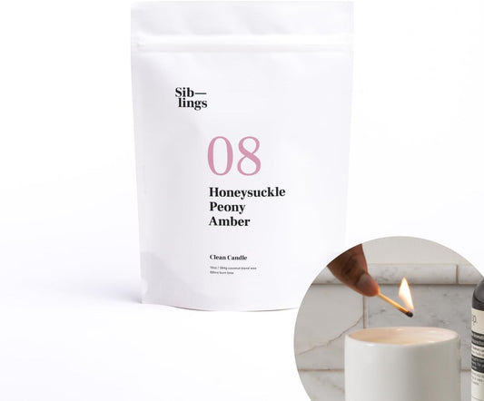 Siblings Candle Making Kit | DIY Coconut-Soy Wax Candle Kit with Wooden Wick | Scent No 08: Honeysuckle, Peony, Amber | Clean, Non-Toxic, Reusable, 60 Hr Burn