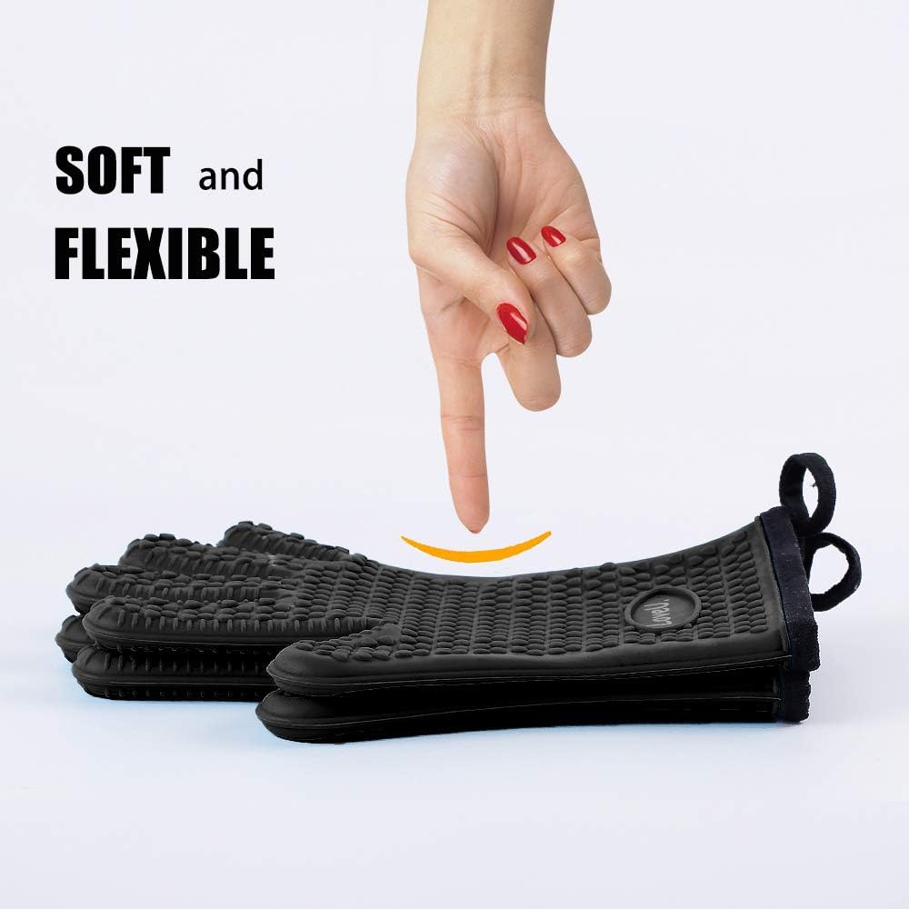 Kitchen Oven Gloves - Dual-Layer Heat Resistant Grilling Gloves, Silicone Oven Mitts with 5 Fingers, Waterproof Non-Slip Pot Holder for Barbecue, Cooking, Baking (Black)