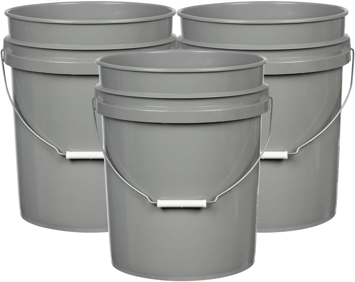 House Naturals 5 Gallon Premium HPDE Plastic Bucket - Made in USA Food Grade Storage Container, BPA Free All Purpose Pail (3, Gray)