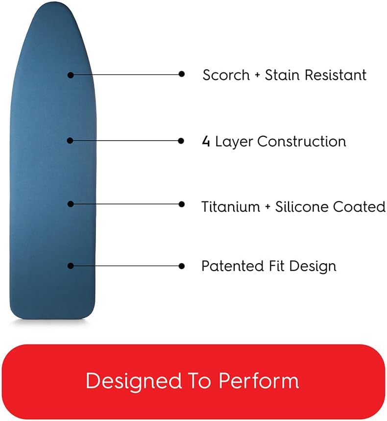 TIVIT Ironing Board Cover 18 x 50, Performance Grade Titanium Coated Pro Grip Pad & Covers - Superior Scorch & Stain Resistance, High Heat Reflection, 3 Padded Layers 3 Fastener Straps - Made In Italy