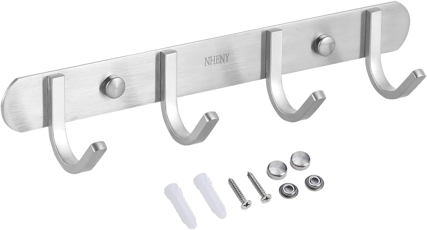 Coat Hook Wall Mount Towel Hook Rack with 4 Hooks 11-inch Hanger for Hanging Clothes, Bags, Keys, Easy to Install Rail for Bedroom, Bathroom, Entryway, Door, 304 Stainless Steel Brushed Nickel