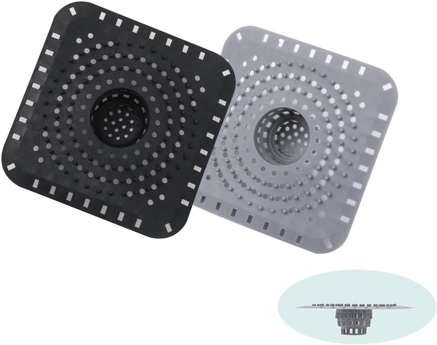 Drain Hair Catcher, Silicone Bathtub Drain Protector 2 PCS (Gray/Black, Square)