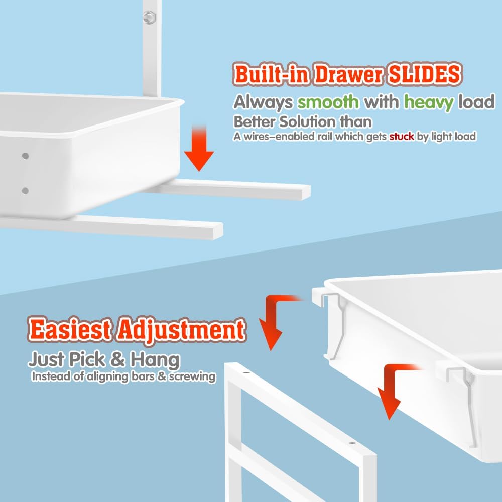 EVERIE Height Adjustable 2 Tier Metal Pull Out Slide Shelf Organizer for Framed or Frameless Under Sink Cabinets in Kitchen, Bathroom, with Snap-on Top Tray (White, 2 Sets)
