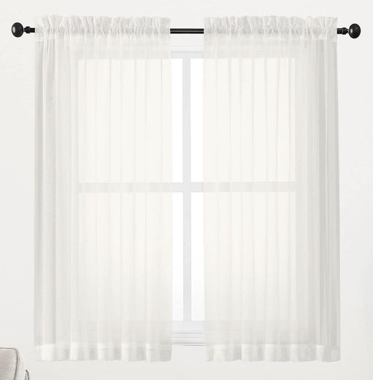 Chyhomenyc Ivory Sheer Window Curtain Panels 45 Inch, Set of 2, Light Filtering Solid Voile Curtains Drapes for Small Window/Living Room/Bedroom, Rod Pocket, 42W x 45L inches