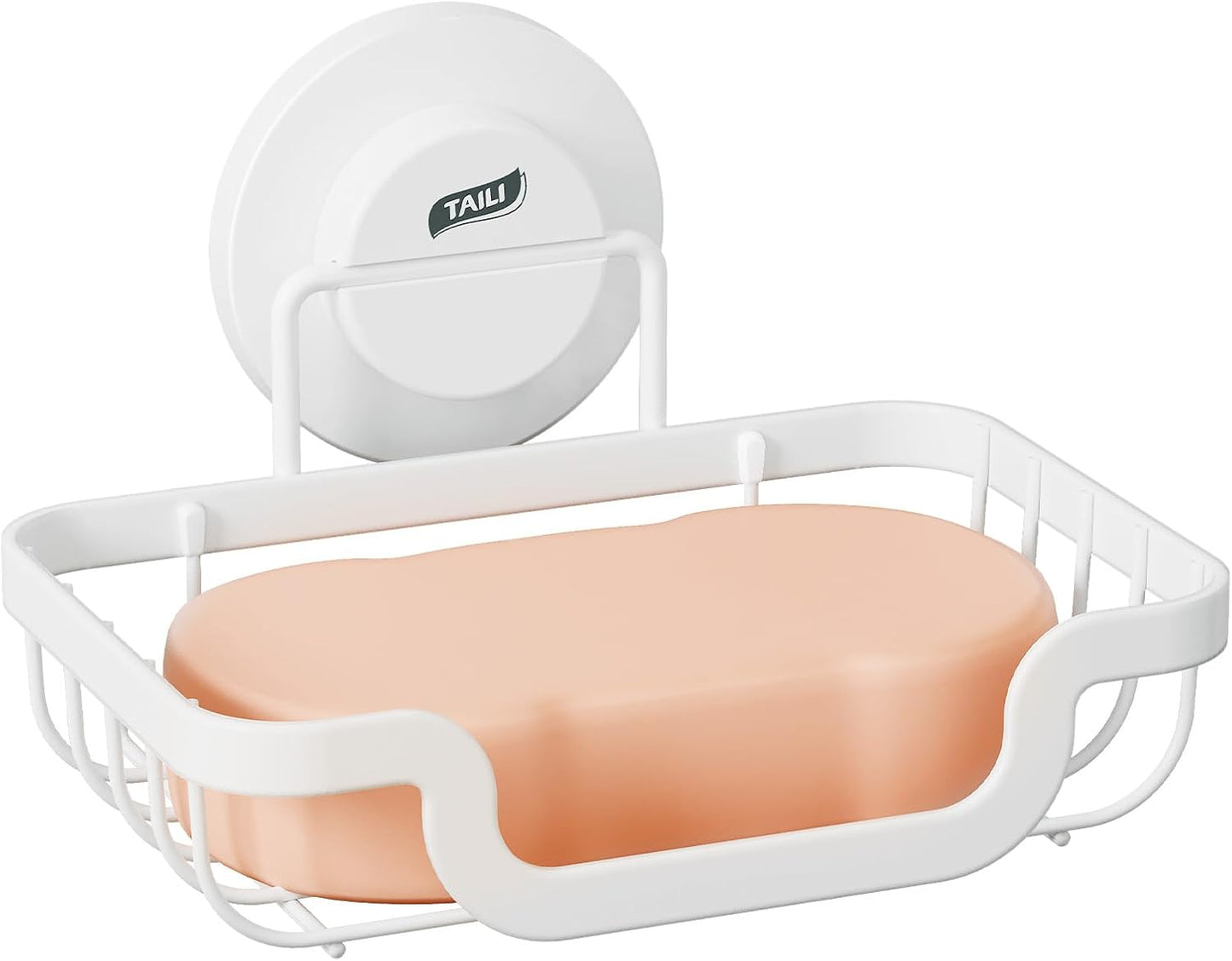 TAILI Soap Holder Bar Dish Suction Cup, Bar Shampoo Rack for Shower Wall, Draining Soap Saver Tray for Bathroom, Rustproof Stainless Steel Sponge Holder for Tub, Kitchen, Drill-Free, White