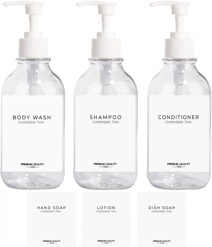 3 Pack of Shampoo and Conditioner Bottles - Apothecary Dispenser Bottle for Bathroom and Kitchen, Refillable Shampoo Bottles for Shampoo Lotion Oil Shower Soap Hand Soap and Dish Soap (Clear)