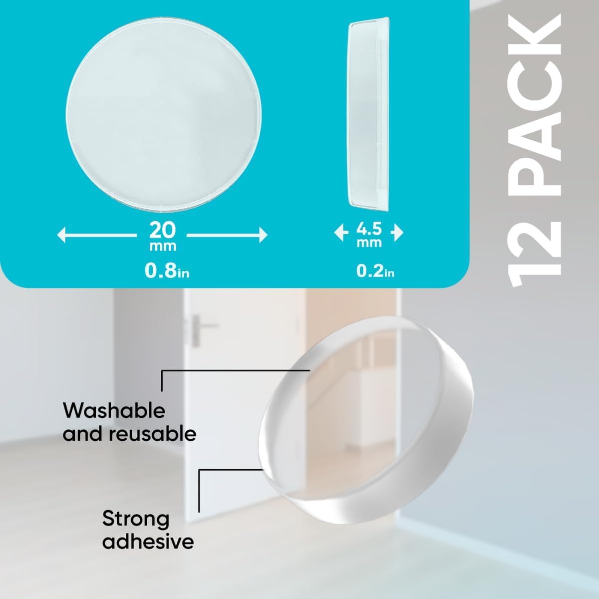 Strongest Wall Door Handle Stopper Set. 12 Pieces of Clear Rubber Door Knob, Round Wall Shield Cushion. Quiet Wall Protector for Door Handle. Guard Door Bumper Wall Protector Silencer. Self Adhesive