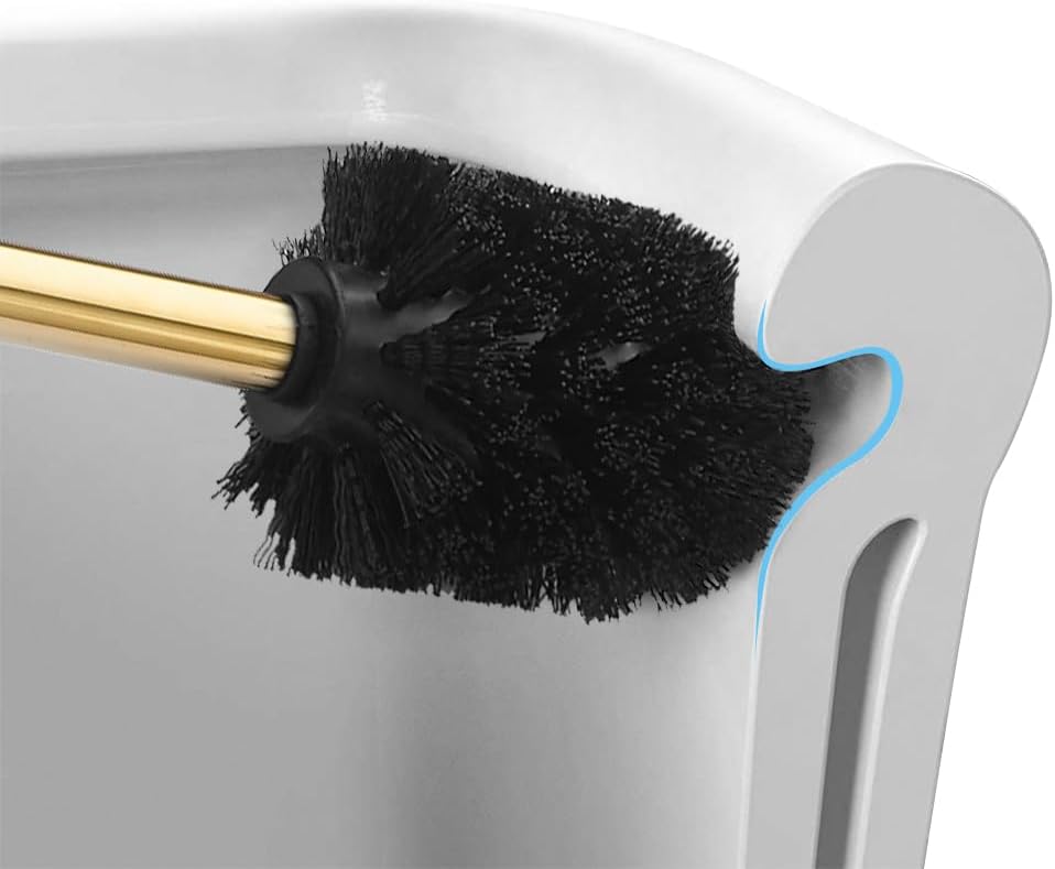 Toilet Brush and Holder Set Gold Stainless Steel, 304 Heavy Duty Round Toilet Brush Set – Rust Resistant, Long Handle, Replacement Heads, Floor Standing Bathroom Toilet Cleaning Brush