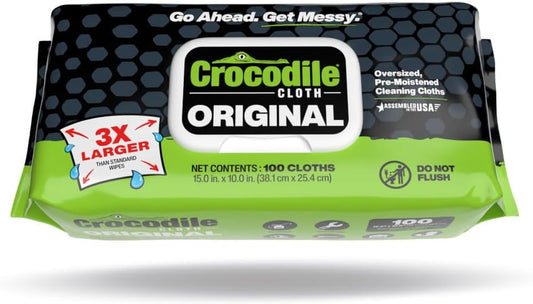 Crocodile Cloth Original Cleaning Wipes – 100 (15” x 10”) Hand & Tool Industrial Cleaning Wipes – Large Multi-Surface Cleaning Cloths, Water-Based Solution with Extreme Cleaning Power — Safe on Skin