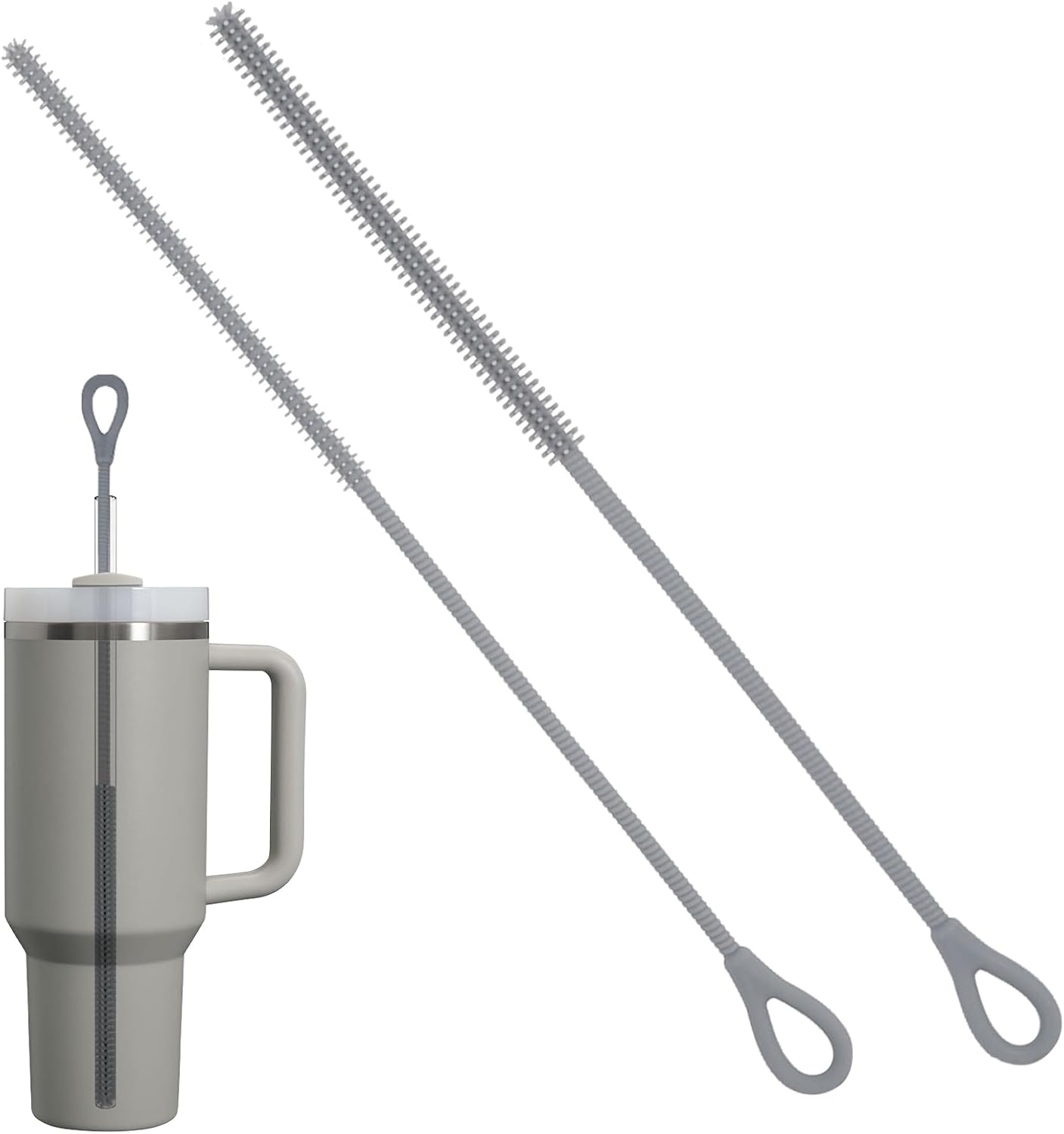 2Pcs Silicone Straw Cleaner Brush, 9.84in Reusable Straw Cleaner with Bendable Steel Core, Extra Long Soft Bottle Brush for Clearing Glass Straws, Smoothie Straws, 9mm&6mm (Gray)