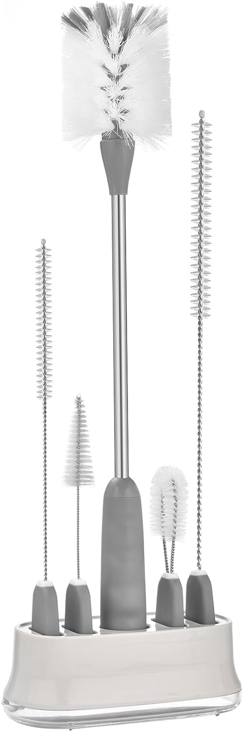 ALINK 5 Pack Water Bottle Brush Cleaning Set with Holder, Bottle Cleaner with Stand, Straw Nipple Lid Brush for Stanley Tumblers, Drinking Glass, Baby Bottles, Jugs - Gray