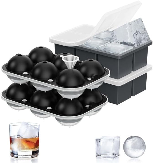 ROTTAY Ice Cube Trays (Set of 4), Sphere Ice Ball Maker with Lid & Large Square Ice Cube Maker for Whiskey, Cocktails and Homemade, Keep Drinks Chilled