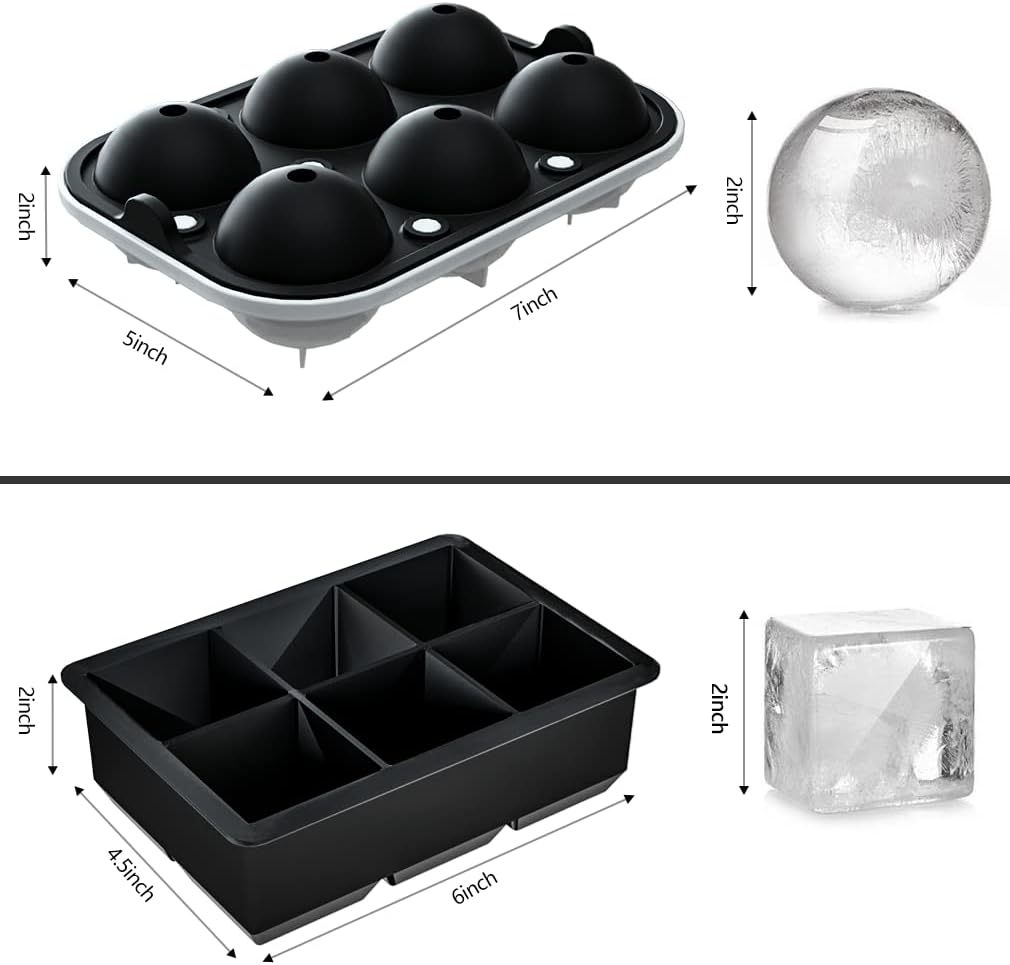 ROTTAY Ice Cube Trays (Set of 2), Sphere Ice Ball Maker with Lid & Large Square Ice Cube Maker for Whiskey, Cocktails and Homemade, Keep Drinks Chilled Black