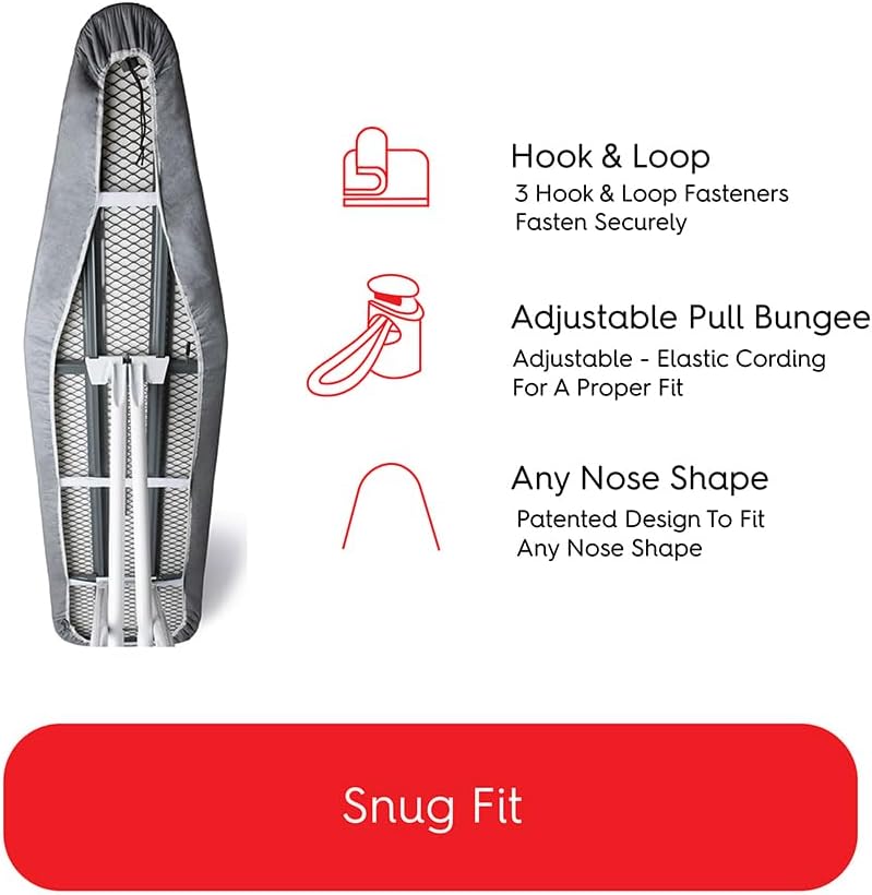 TIVIT Ironing Board Cover 18 x 50, Made in Italy. Pro Grip Pad Covers w/3 Fastener Straps & Pull Bungee Cord - Durable Scorch & Stain Resistant Padded Layers, Heat Reflective AlumiTek PRO Top Coat