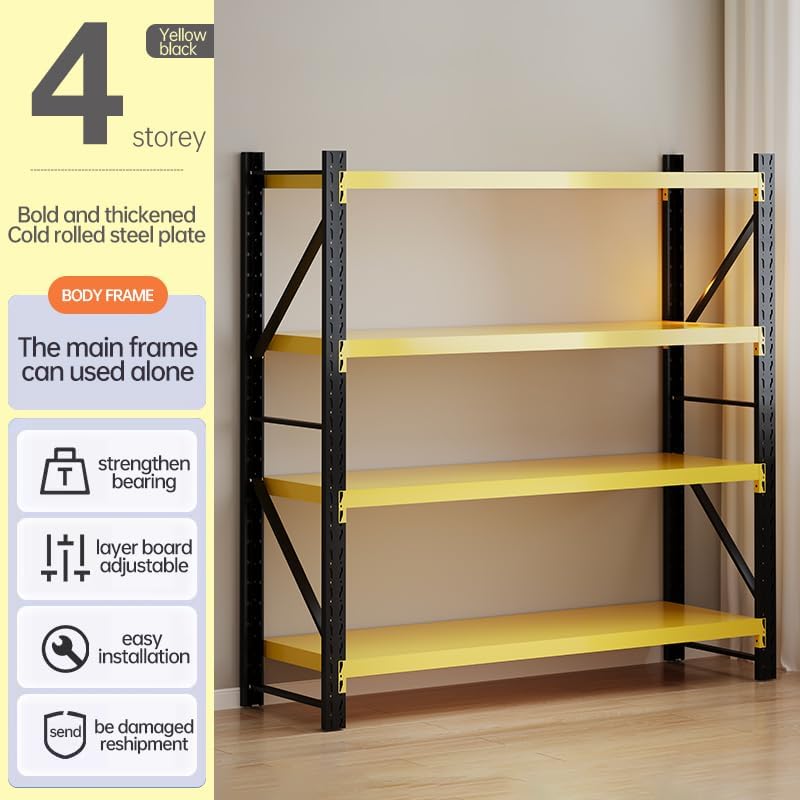 Storage Shelves Heavy Duty, Metal Garage Shelving Units, 4 Tier Storage Rack Shelf, Steel Industrial Shelving, Adjustable Standing Shelf for Basement/Warehouse Yellow and Black, W47.24*D19.69*H78.74
