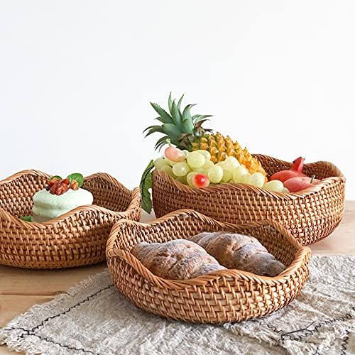 Rattan Bread Basket, Hand Woven Fruit Basket, Wicker Serving Basket Bowl, Decorative Baskets for Kitchen Counter Organizing, Set of 3 (Wave)