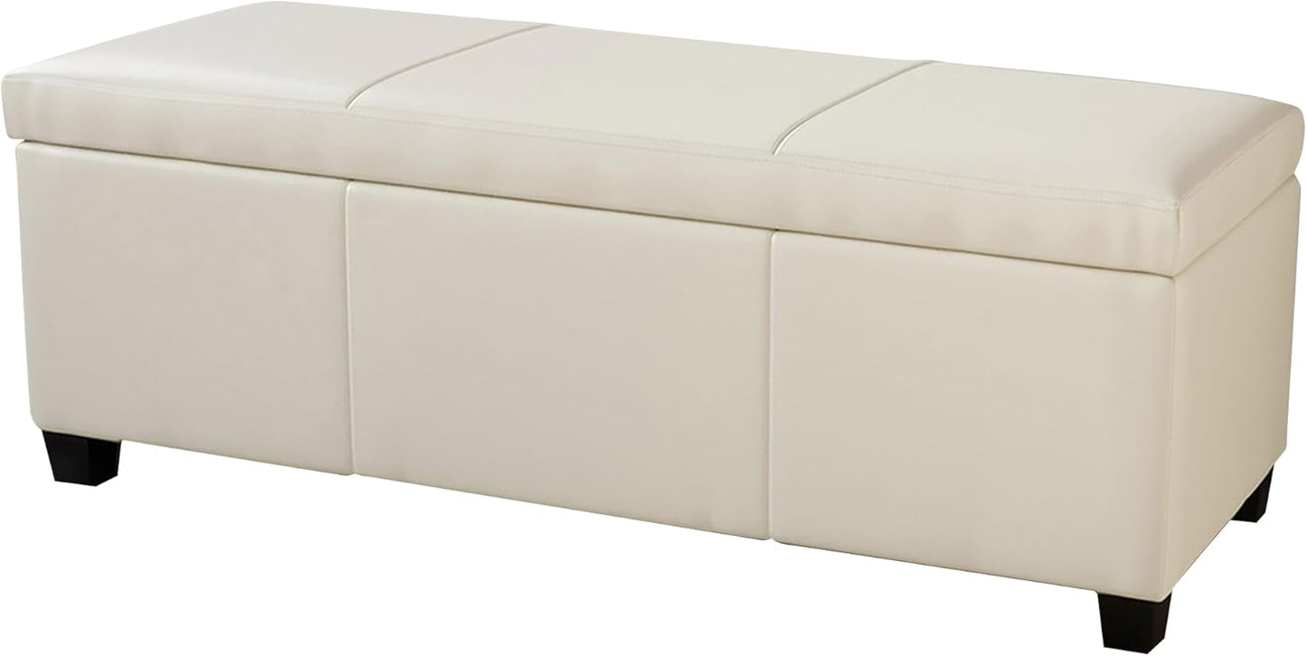 BELLEZE Storage Faux Leather Ottoman, 47 Inch Bench Bedroom Bench with Safety Close Hinge, Extra Long Ottoman with Storage for Living Room, Entryway, Foot Rest, Support 300lbs - Cream