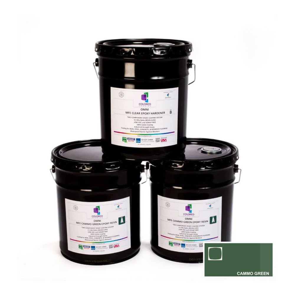 colored epoxies Cammo Green Epoxy Resin Coating Made with Beautiful and Vibrant Pigments, 100% solids, For Garage Floors, Basements, Concrete and Plywood. 15 Gallon