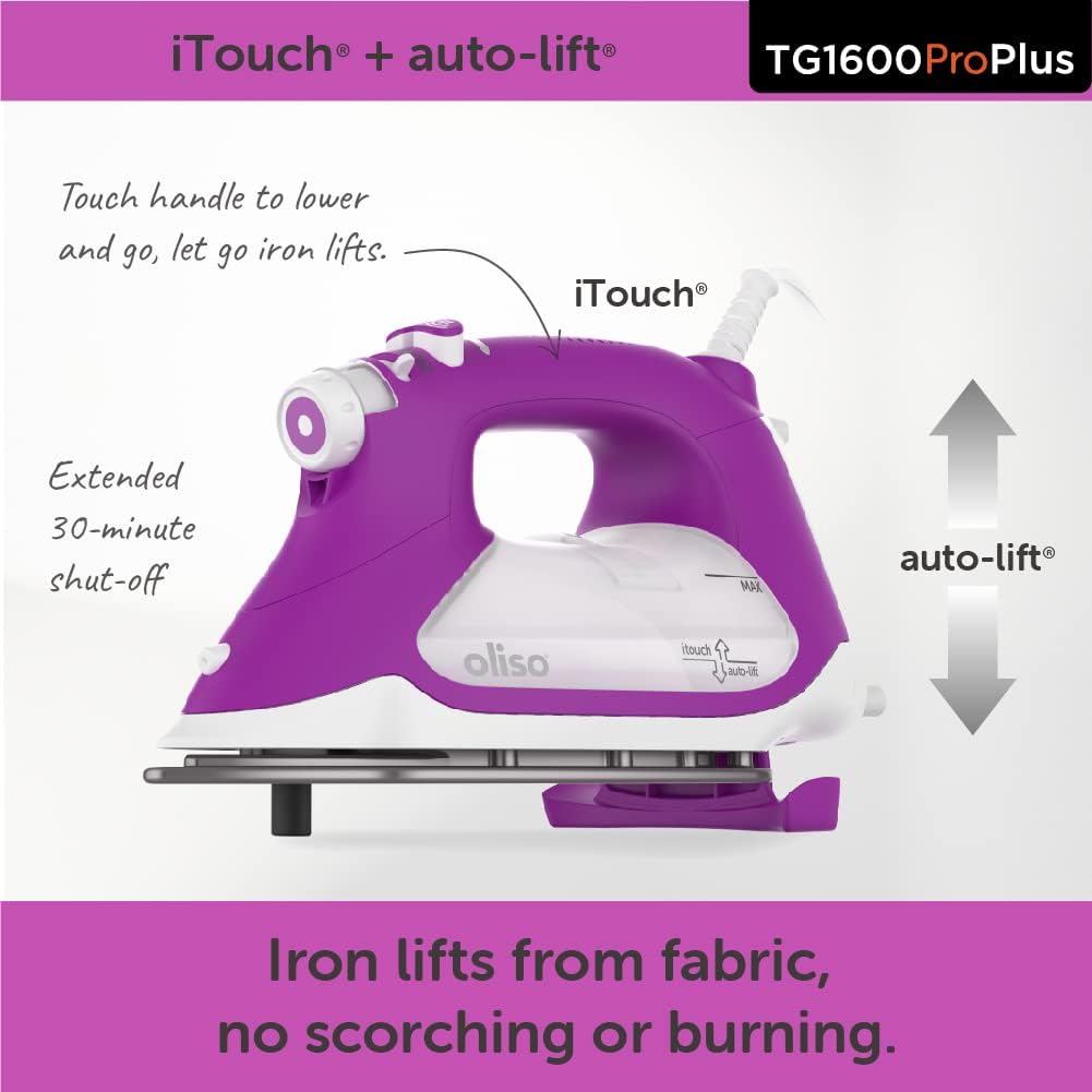 oliso TG1600 ProPlus Smart Iron with Auto-Lift – 1800 Watt Steam Iron for Clothes, Sewing, Quilting & Crafting – Diamond Ceramic-Flow Soleplate, Orchid