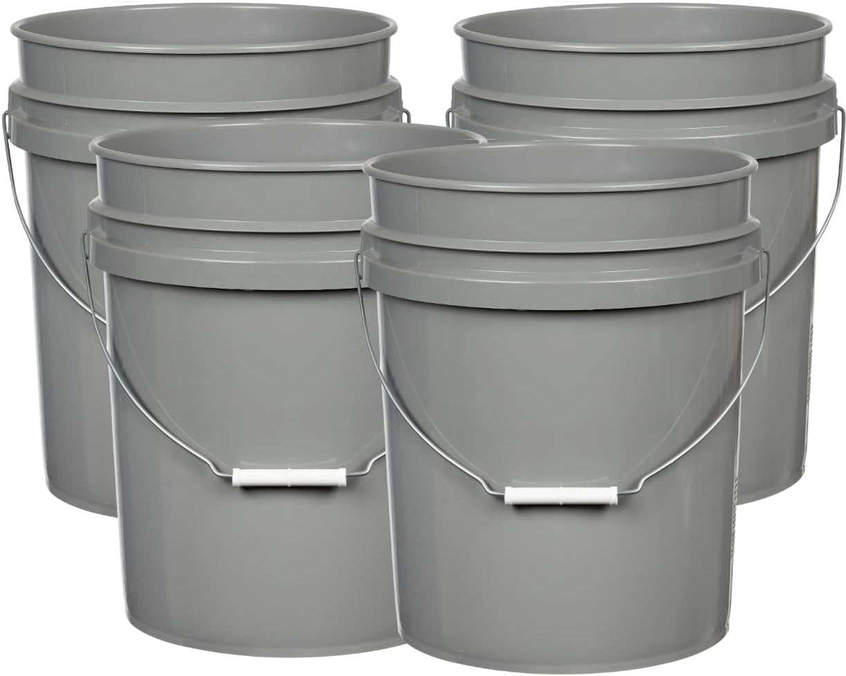 House Naturals 5 Gallon Premium HPDE Plastic Bucket - Made in USA Food Grade Storage Container, BPA Free All Purpose Pail (4, Gray)