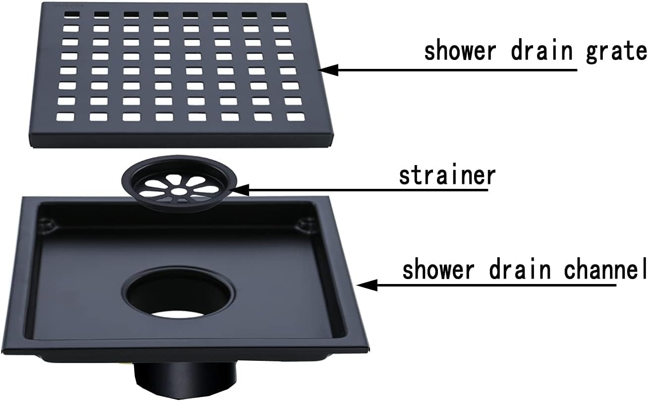 RANDOM Matte Black Square Shower Drain 6 Inch Drain Cover 304 Stainless Steel Floor Drain Grate with Removable Hair Strainer,6" Black Shower Drain