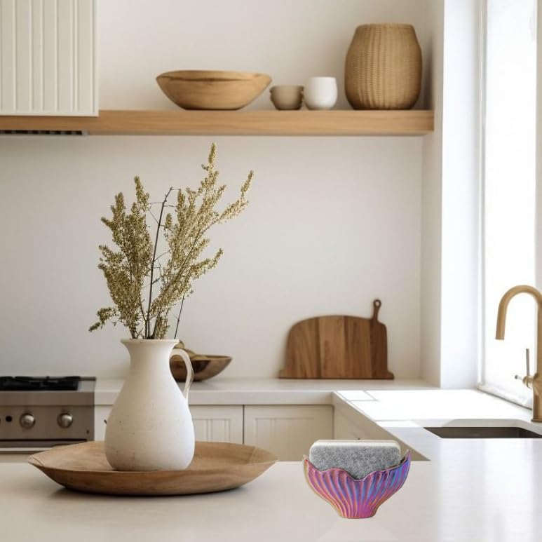 Sponge Holder for Kitchen Sink, Ceramic Dish Sponge Holder with Fishtail Design, Sink Caddy Organizer for Countertop, Farmhouse Kitchen Decor, Compact Counter Dish Caddy (Rainbow)