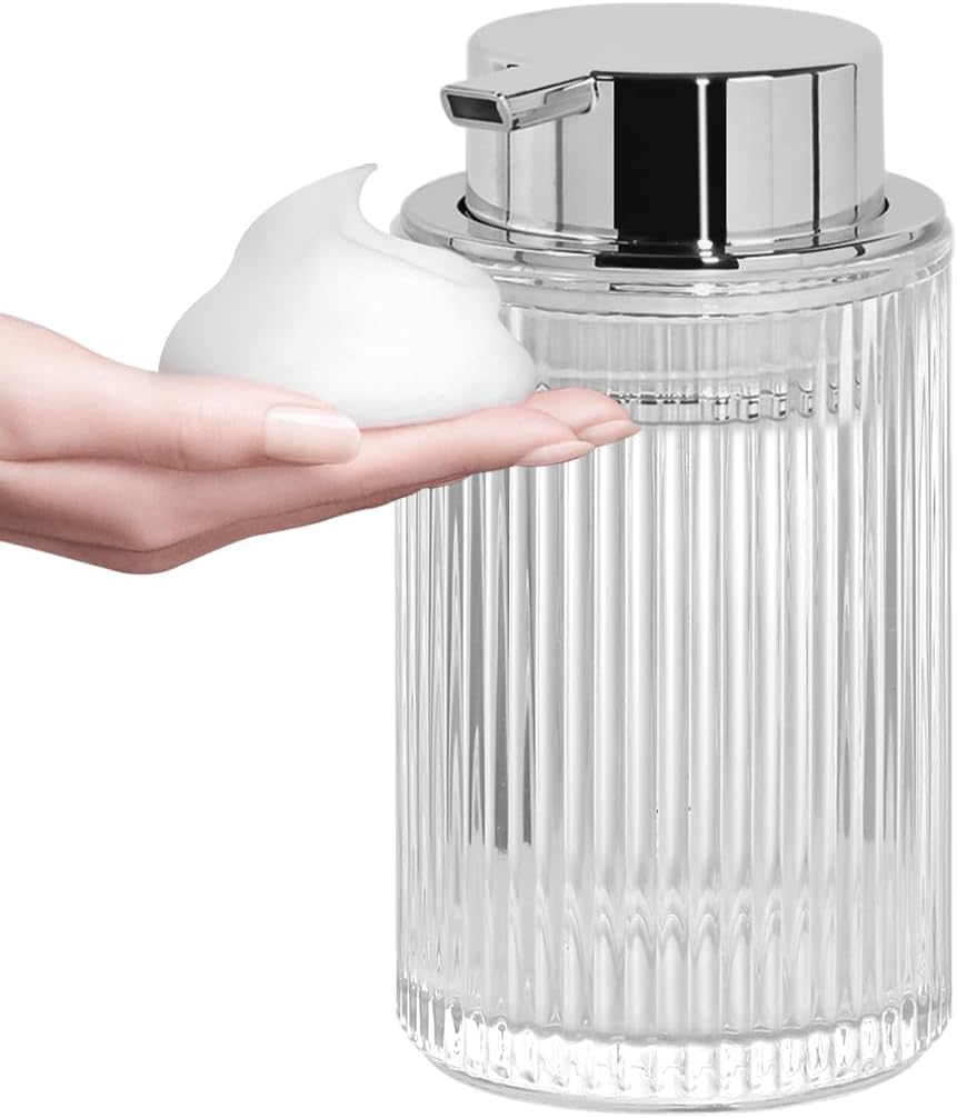 Clear Foaming Soap Dispenser, 12 Oz Glass Foaming Hand Soap Dispenser with Silver Pump, Bathroom Refillable Liquid Lotion Container Pump Ribbed Bottle for Kitchen Bathroom Decor, 1pc