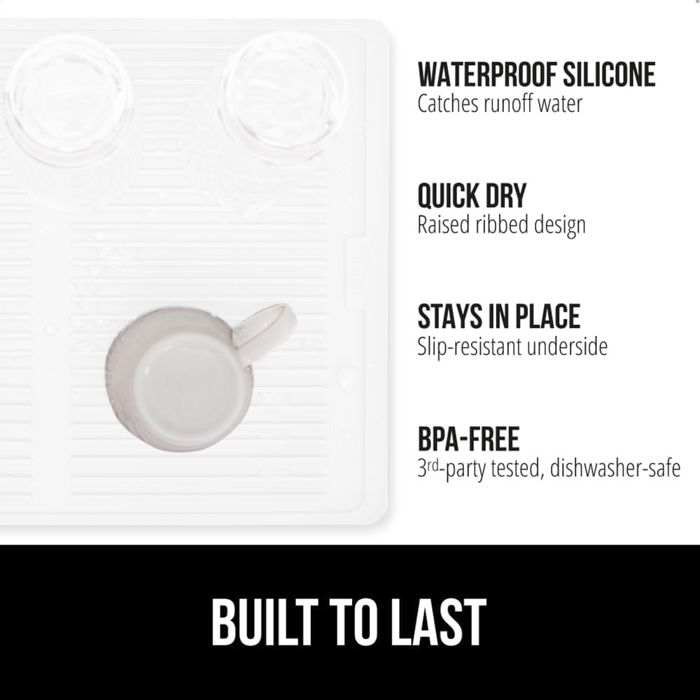 GORILLA GRIP 100% BPA-Free Patented Silicone Dish Drying Mat for Kitchen Counter, 18x24 Inch, Water Catching Ribbed Design, Easy Clean Waterproof Sink Liner, Heat Resistant, Fits Under Rack, White