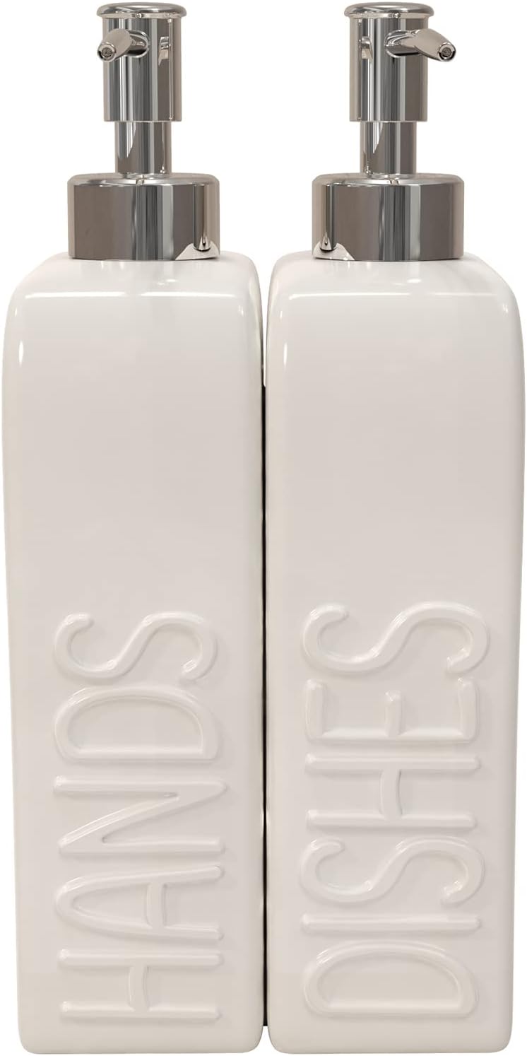 Soap Dispenser Set with Stainless Steel Pump, 2 Pack Ceramic Refillable Dish Soap and Hand Soap Dispenser for Kitchen, Bathroom, Matte White