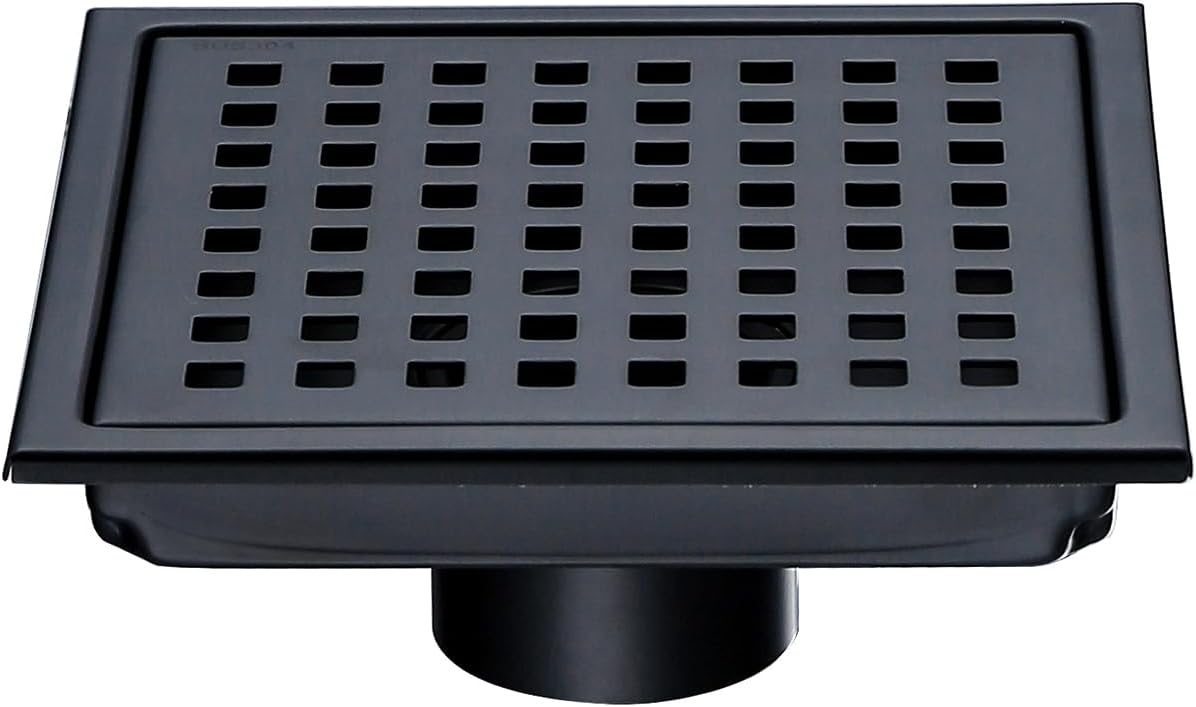 RANDOM Matte Black Square Shower Drain 6 Inch Drain Cover 304 Stainless Steel Floor Drain Grate with Removable Hair Strainer,6" Black Shower Drain