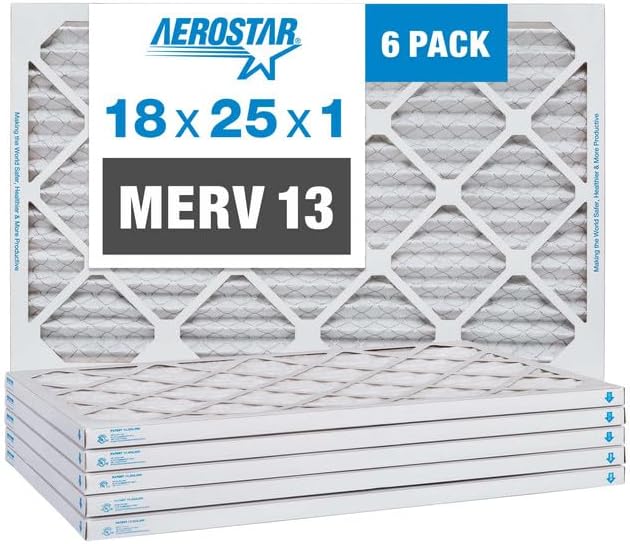 Aerostar 18x25x1 MERV 13, Pleated Air Filter, 18x25x1, Box of 6, Made in the USA