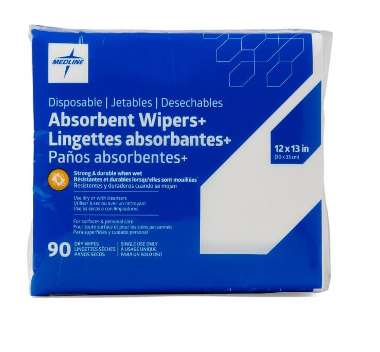 Medline Absorbent Wipers+ Disposable Heavy Duty Dry Wipes, 12" x 12" (90 Count), Use Wet or Dry, Perfect for Skin Care or Home Use, 3X Stronger, Highly Absorbent