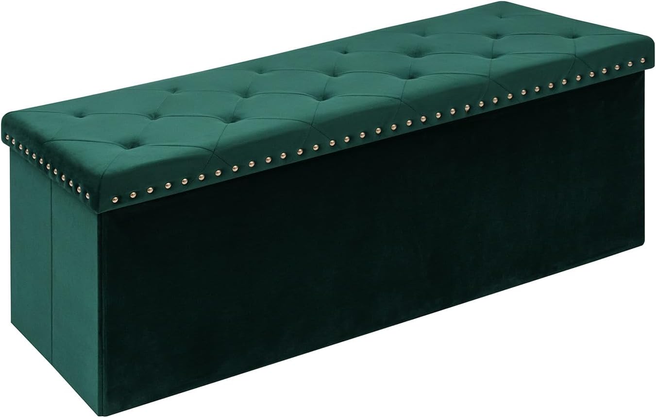 Velvet Storage Ottoman Bench, 43.3" Folding Ottoman with Rivet Trim, Heavy-Duty Upholstered Entryway Bench, Sturdy Footrest and Seat for Bedroom, Living Room, Holds up to 660 LBS, Green