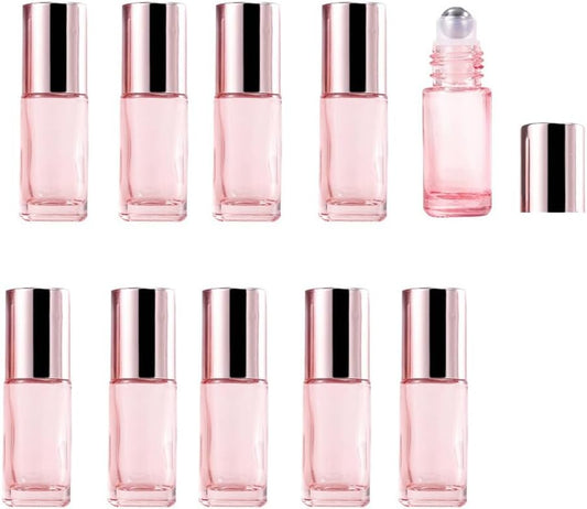 10 Pack Glass Essential Oil Roller Bottles,5ml Pink Roller Bottles with Stainless Steel Roller Balls,Refillable Massage Roller Bottle Perfume Bottle for Travel
