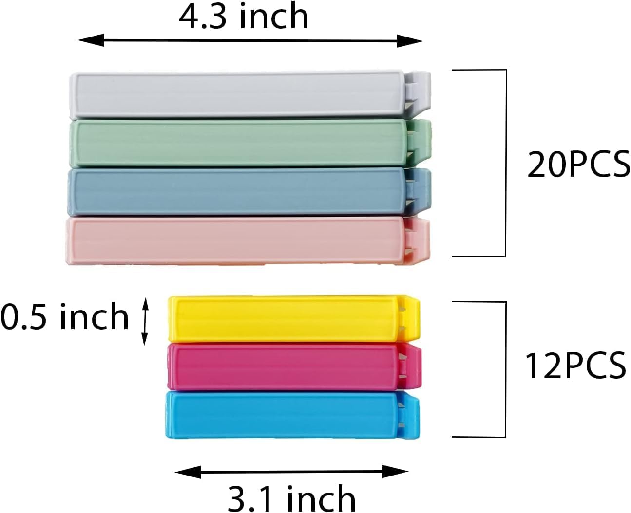 32 PCS Plastic Chip Clips for Food Packages, Curved Design Sealing Bag Clips for Food, Kitchen and Home, 2 Sizes(4.3inch x 20, 3.1inch x 12)
