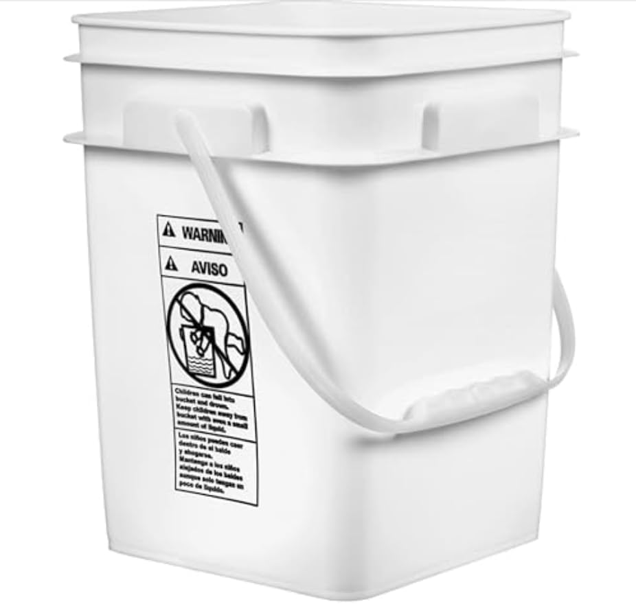 House Naturals 4 Gallon Square Food Grade Bucket Pail with Plastic Handles and Lid (Pack of 3) Made in USA containers (White - Blue lids)