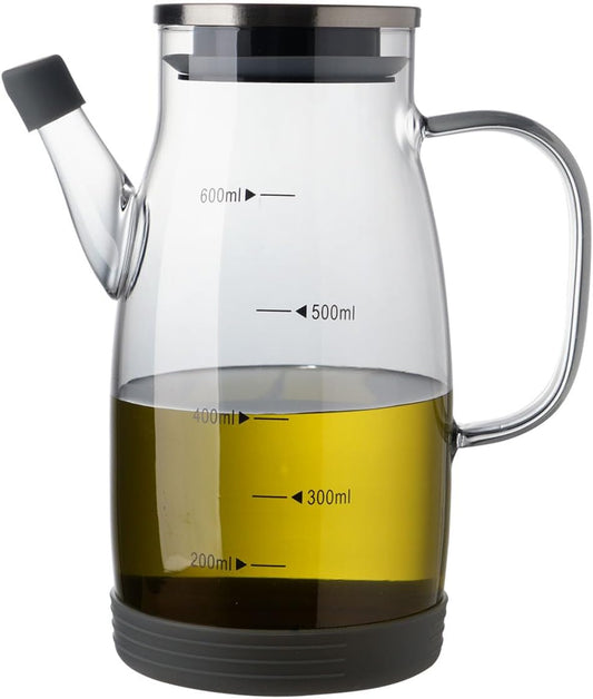 Large Glass Oil Dispenser Bottle for Kitchen Cooking Recipiente Para Aceite De Cocina Olive Oil Vinegar Dispenser Cruet Stainless Steel Lid No Drip Liquid Container (Grey, 20oz / 600ml)