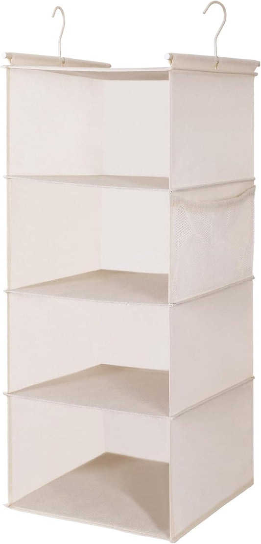 MAX Houser 4 Tier Shelf Hanging Closet Organizer, Space Saver,Closet Hanging Shelf with 2 Sturdy Hooks for Storage, Foldable (Beige)