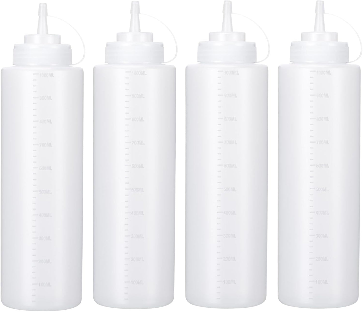 Condiment Squeeze Bottles Ketchup Dispenser, 4 Pack 32oz Squeeze Bottles for Liquids, Plastic Sauce Bottle with Cap Lid, Squirt Bottles for Sauces Liquids BBQ Dressing Pancake Art