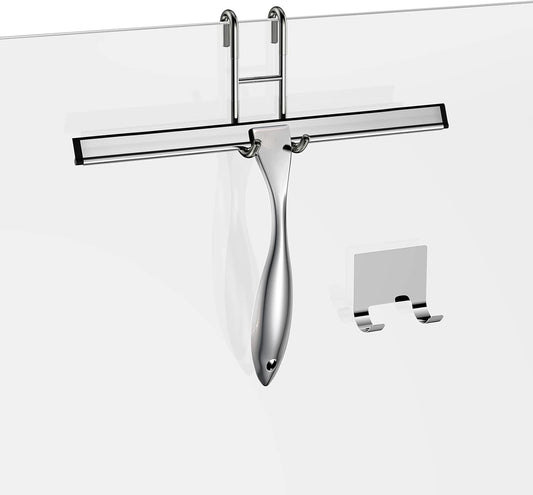 Shower Squeegee for Glass Door 12-Inch Stainless Steel Bathroom Squeegee Window Wiper, 100% Streak-Free, Includes Shower Door Hook and Adhesive Hook, for Window Mirror Tiles Car All-Purpose Squeegee