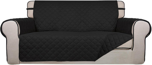 PureFit Reversible Quilted Sofa Cover, Water Resistant Slipcover Furniture Protector, Washable Couch Cover with Non Slip and Elastic Straps for Kids, Dogs, Pets (Oversized Loveseat, Black/Black)