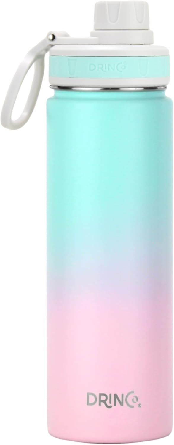 DRINCO Stainless Steel Water Bottle Spout Lid Vacuum Insulated Double Wall Water Bottle Wide Mouth (40oz 32oz 22oz 18oz 14oz) Leak Proof Keeps Cold or Hot (22 oz, 22oz Macaron)